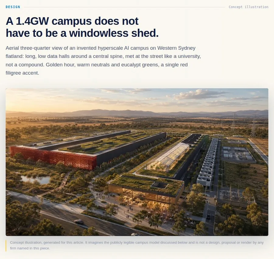 AI-generated concept of a 1.4GW Australian data centre campus with green roofs, a rooftop greenhouse, a public forecourt and a red filigree facade