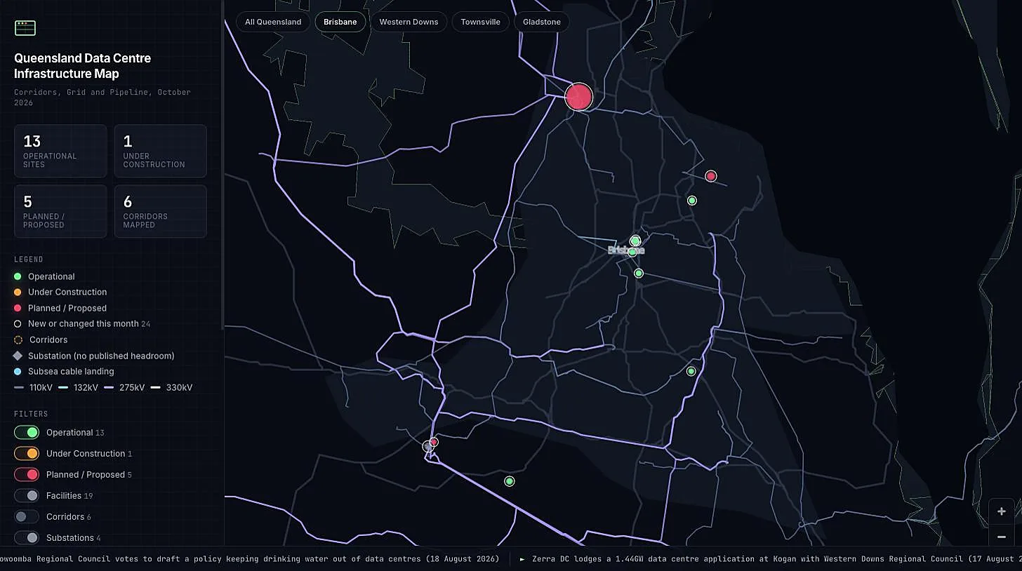 Dark map of greater Brisbane showing operating data centres in green and planned sites in red, including Brendale to the north and Swanbank near Ipswich, with 110kV to 275kV transmission lines in blue and purple.