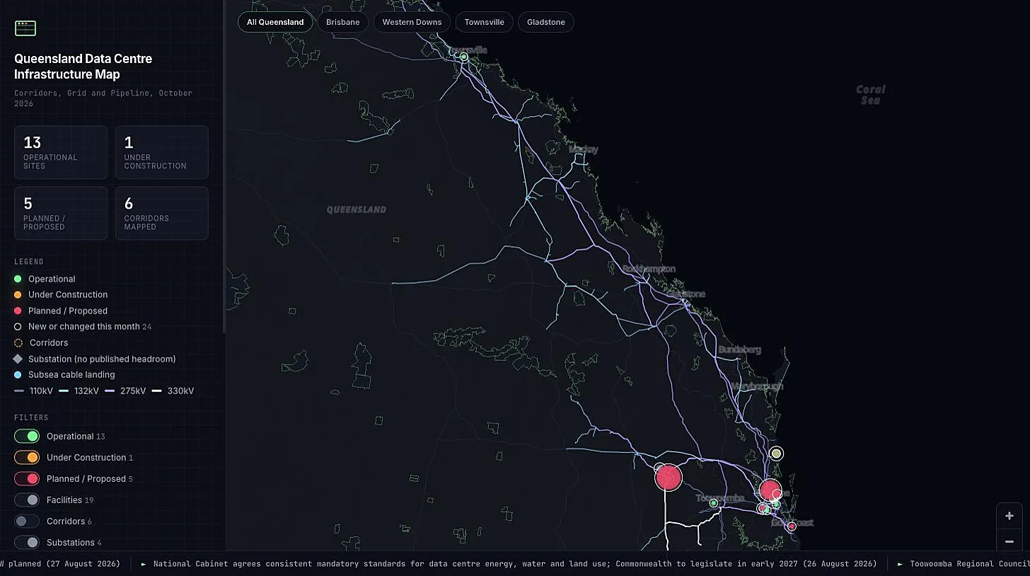 Map of eastern Queensland from Townsville to the Gold Coast, showing the high-voltage transmission network coloured by voltage, with data centre pins clustered around Brisbane and a large planned site in the Western Downs.