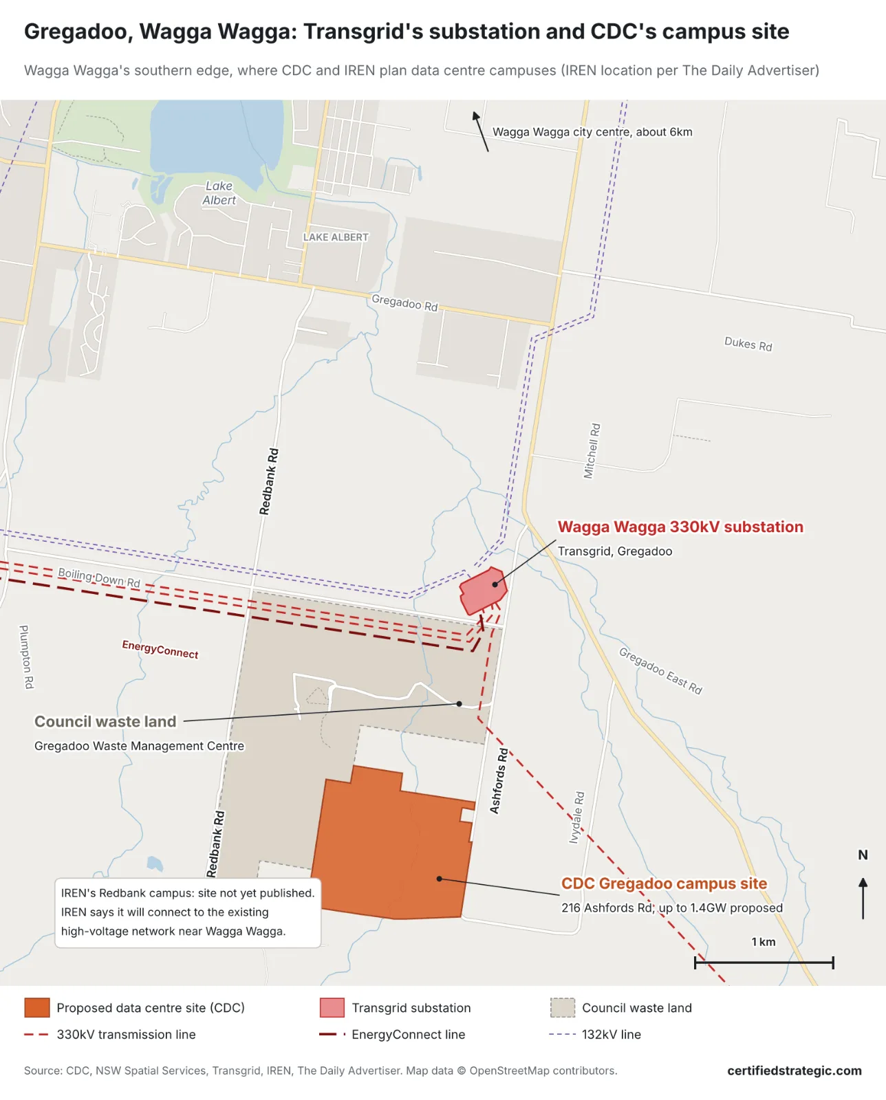 IREN Redbank and CDC Gregadoo data centre sites near Wagga Wagga: map of the Transgrid Wagga Wagga 330kV substation, CDC’s 216 Ashfords Road campus site, Redbank Road and the EnergyConnect line at Gregadoo, NSW