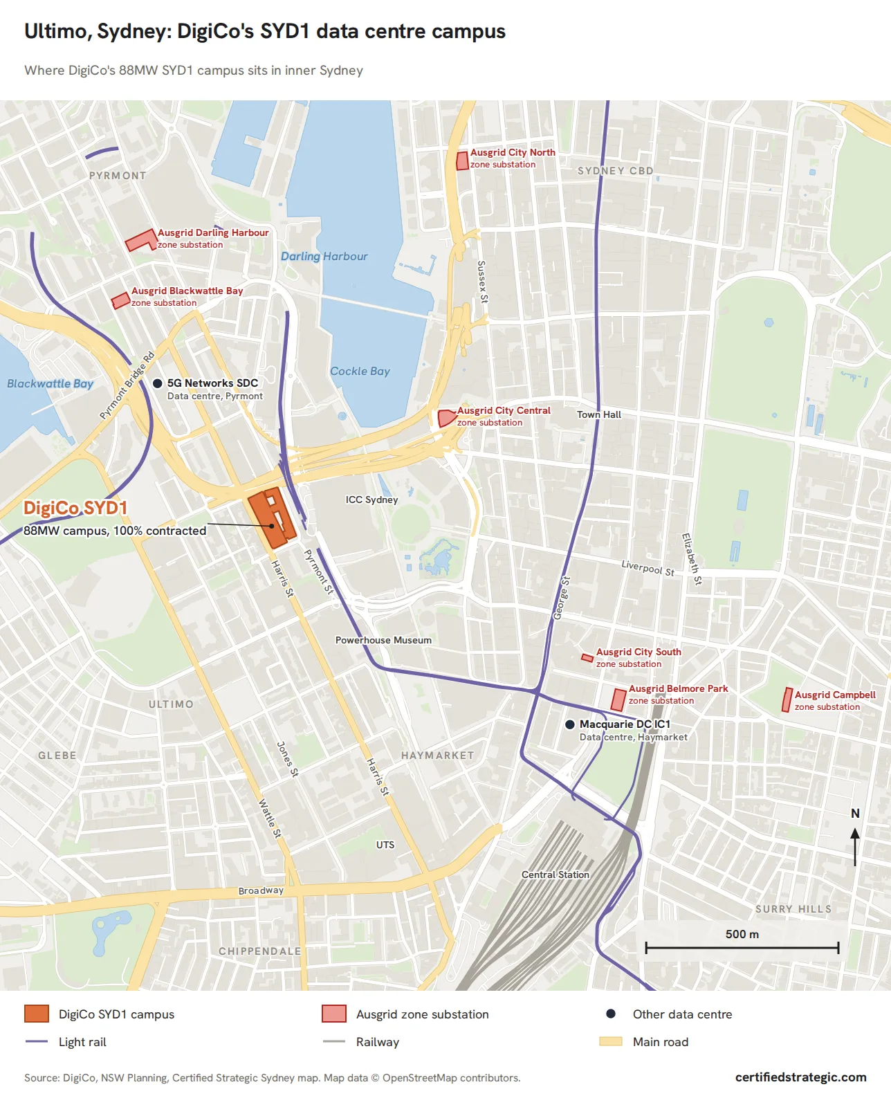 Map of Ultimo, Sydney, showing DigiCo's SYD1 data centre campus on Harris Street, nearby data centres, Ausgrid zone substations, Town Hall and Central Station