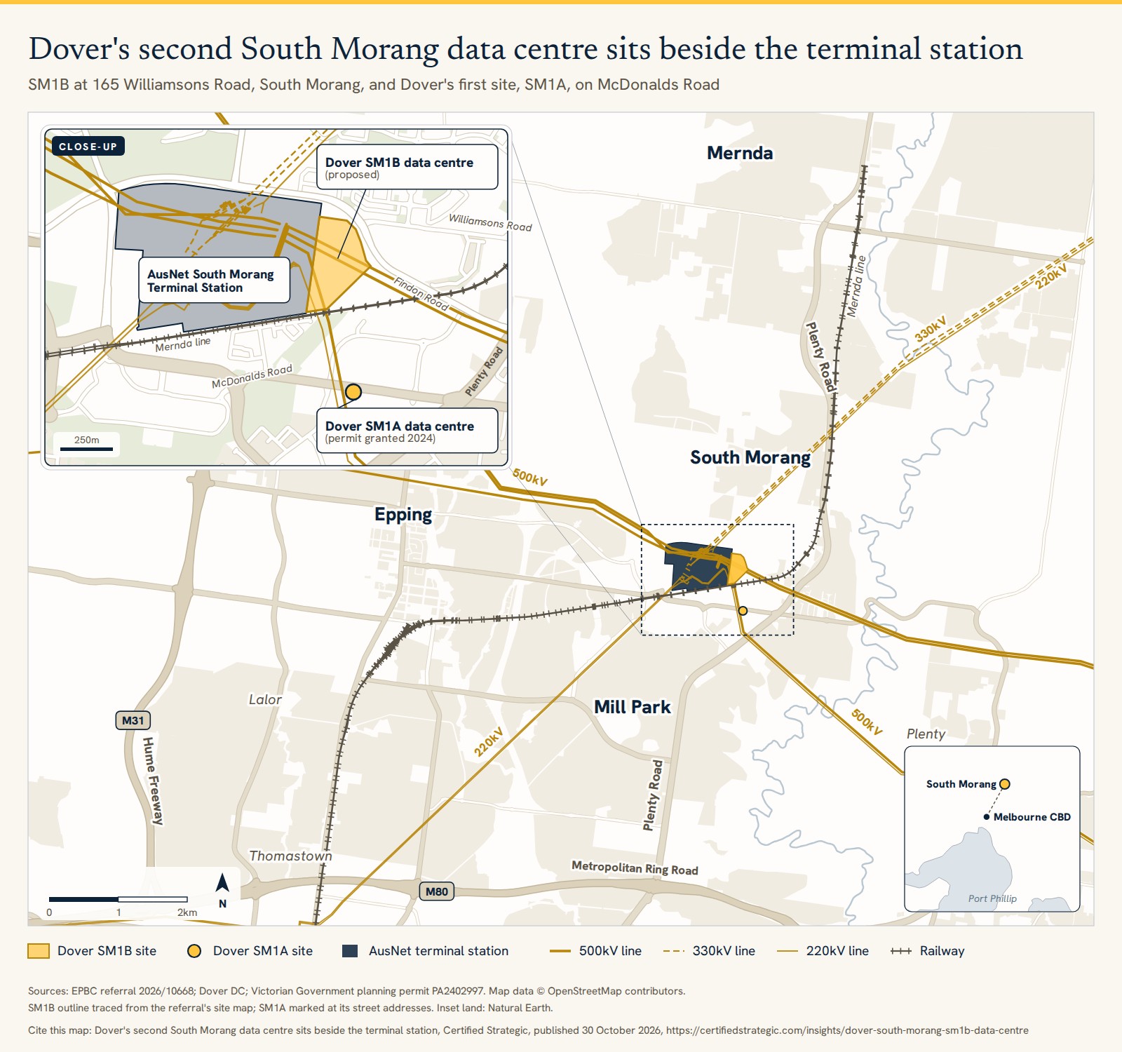 Map of South Morang in Melbourne's north showing Dover's proposed SM1B data centre at 165 Williamsons Road beside AusNet's South Morang Terminal Station, and Dover's first site, SM1A, on Plenty Road and McDonalds Road
