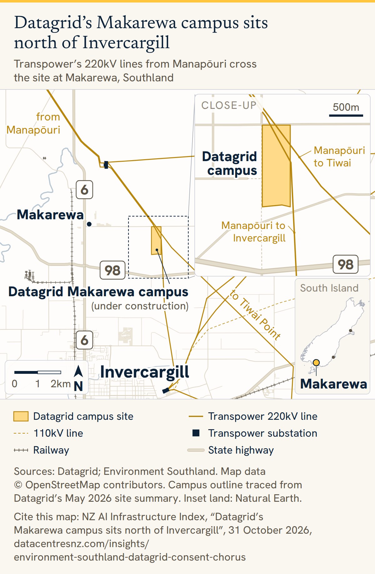 Map of Datagrid's Makarewa campus north of Invercargill, Southland, with Transpower's 220kV lines from Manapōuri crossing the site
