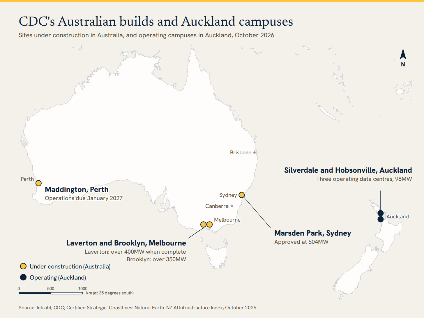 Map of CDC's sites under construction in Australia, at Marsden Park in Sydney, Laverton and Brooklyn in Melbourne and Maddington in Perth, and its operating campuses at Silverdale and Hobsonville in Auckland
