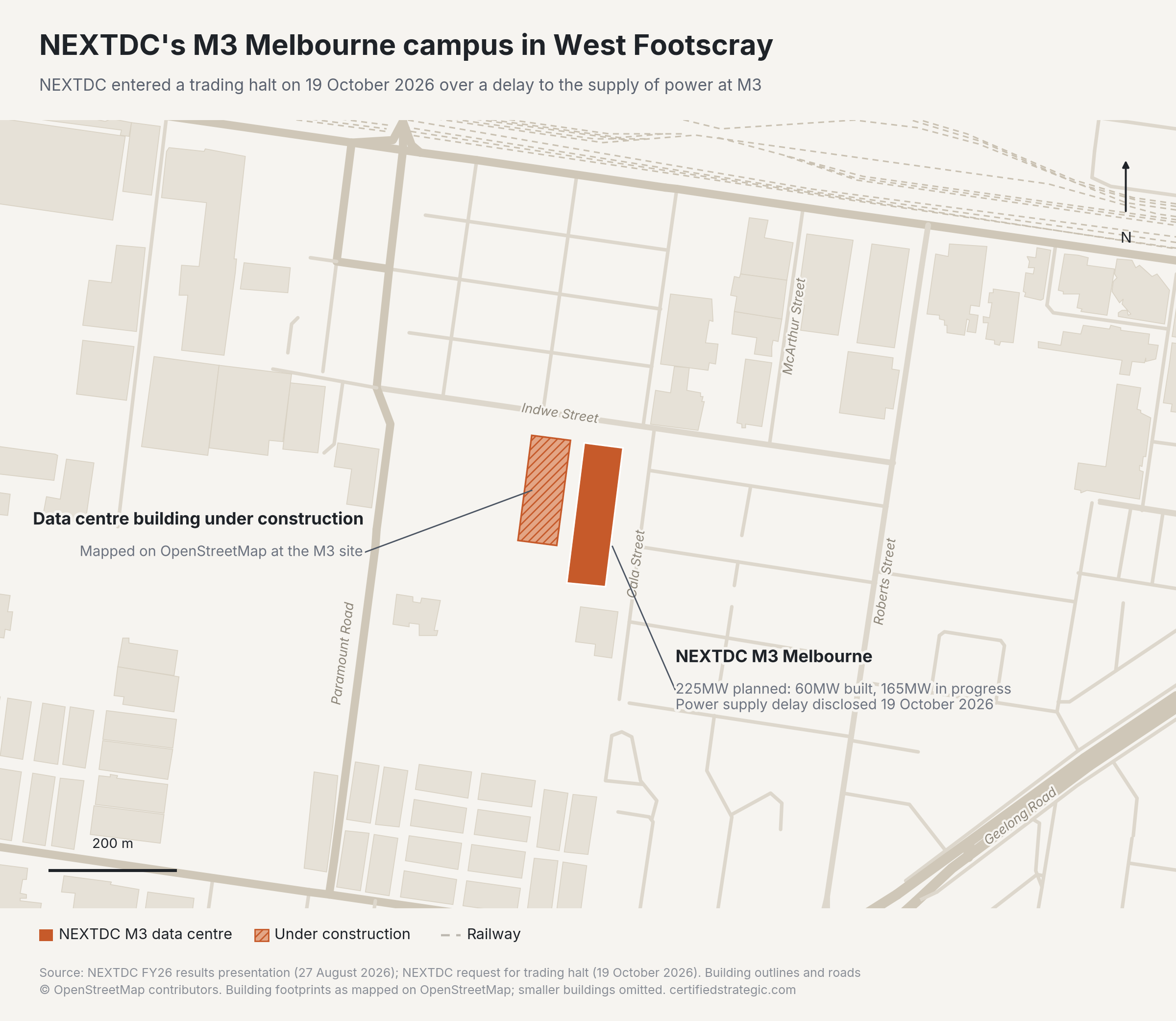 NEXTDC M3 Melbourne data centre map, West Footscray: the M3 building and a data centre building under construction on Indwe Street, between Paramount Road and Roberts Street