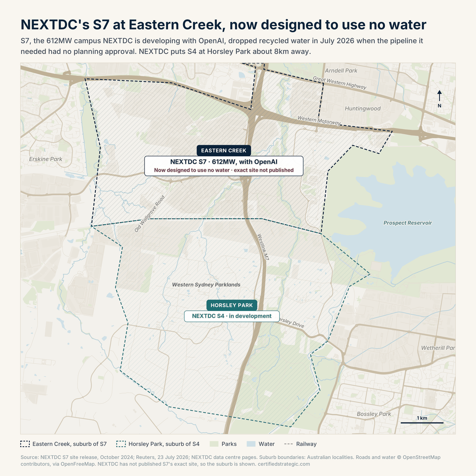 Street map of Eastern Creek and Horsley Park in Western Sydney showing the suburbs of NEXTDC S7, developed with OpenAI, and NEXTDC S4, with the M4 Western Motorway and Westlink M7